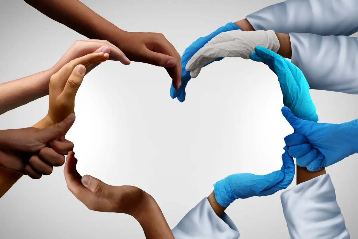 Image of patients and doctors hands making faces